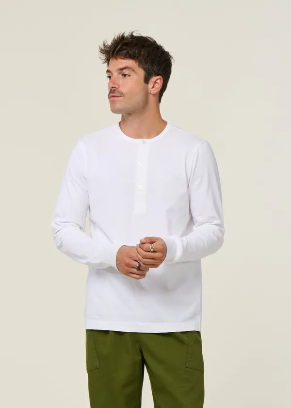 T-shirt boutonné en coton bio | blanc "bo long sleeve henley bright white", Knowledge Cotton Apparel