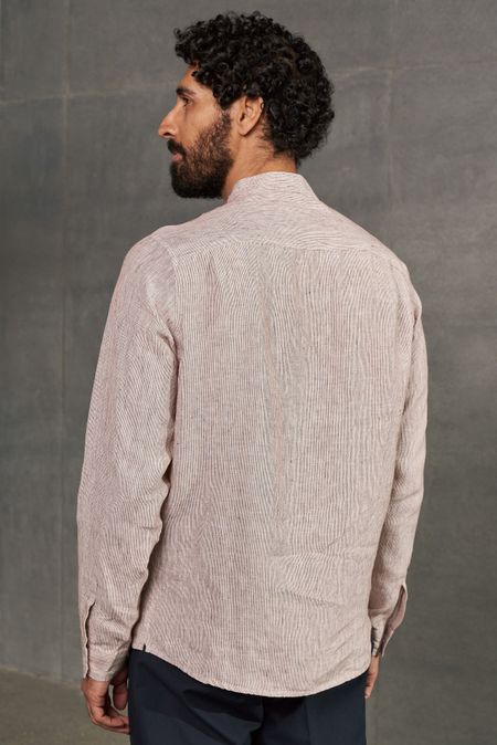 Chemise col mao en lin | rayée marron "nathan striped rust" - About Companions