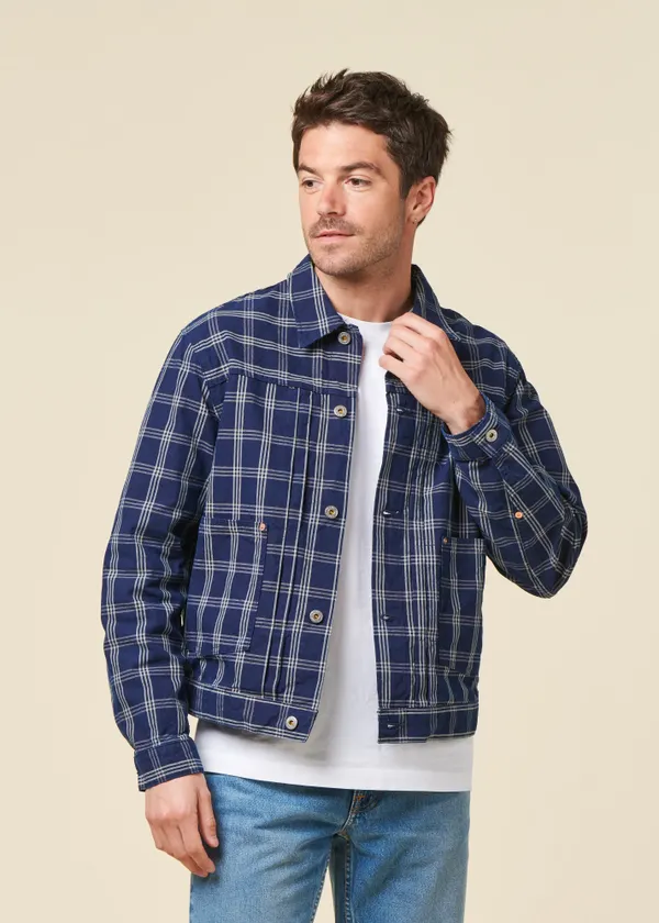 Veste denim en coton bio | bleu "dante ii indigo check jacket - blue", Nudie Jeans