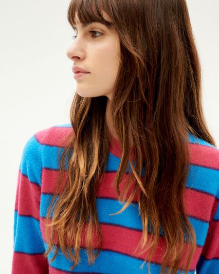 Pull en laine mérinos et matière recyclée | rayé bleu "blue stripes zoe knitted sweater" - Thinking Mu