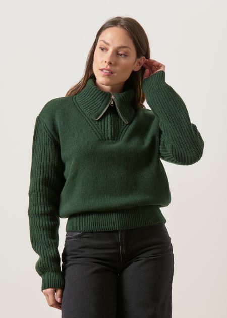 Pull zippé col en laine mérinos | vert "Green tanit knitted sweater - green", Thinking Mu
